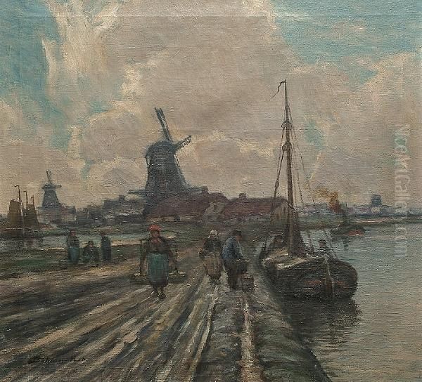 Dutch Workers With Windmills Beyond - view 1