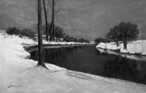 "bachlauf Im Winter". Sign. Ol Auf Lwd. 80 X 120 Cm. Rahmen by Ferdinand Bohmer-Fest