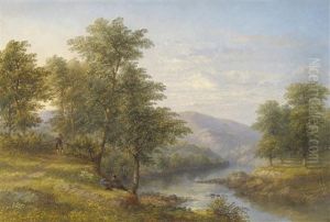Summer River Landscape With Figures Fishing Beside Trees Summer River Landscape With Figures Fishing Beside Trees