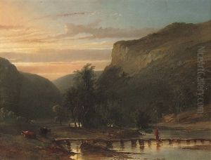 A Figure On A Foot Bridge Crossing A Gorge A Figure On A Foot Bridge Crossing A Gorge