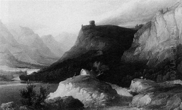 Figures Seated On A Rocky Ledge Overlooking A Lakeland Valley - view 1