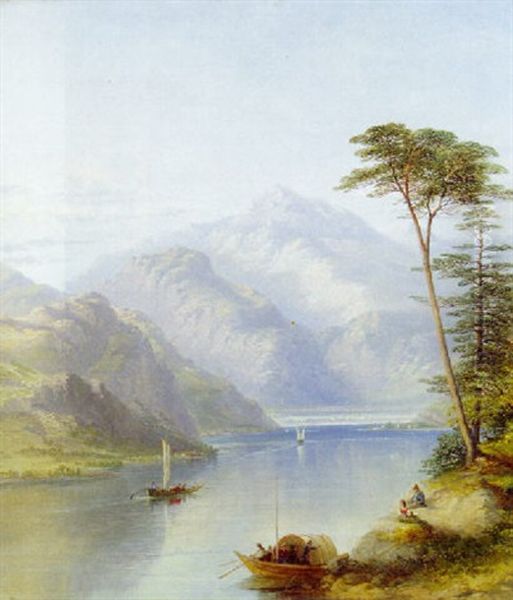 Figures Resting In An Alpine Lake Landscape - view 1
