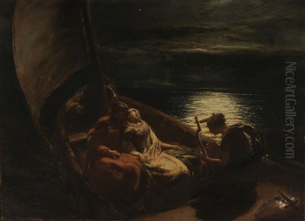 Lovers With Harpist In Moonlit Boat - view 1