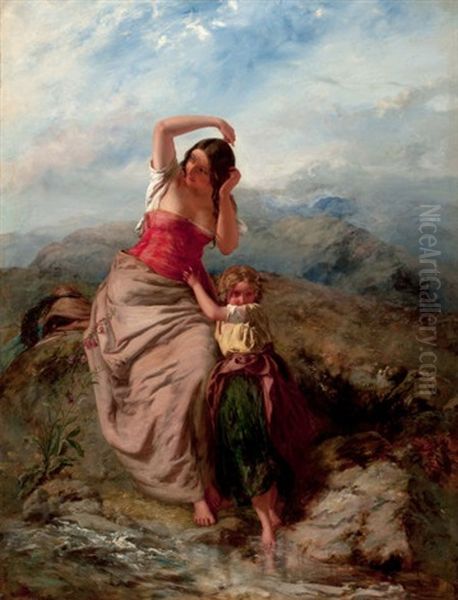 Woman And Child At A Mountain Stream - view 1