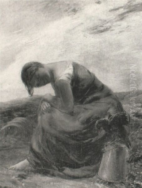 Girl Seated Beside A Crow On An Unturned Bucket - view 1