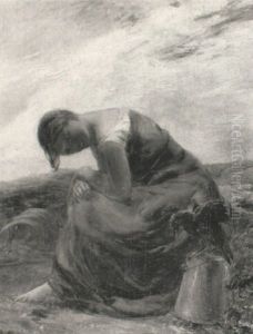 Girl Seated Beside A Crow On An Unturned Bucket