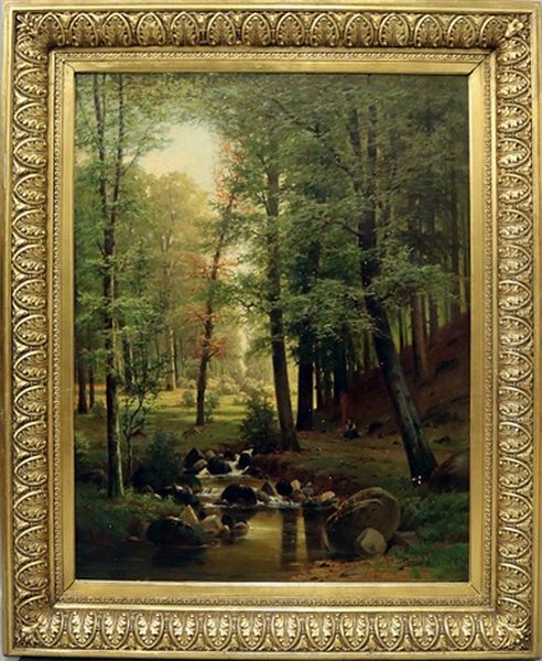 Sonnendurchfluteter Wald Mit Madchen, An Einer Feuerstelle Neben Einem Bachlauf Sitzend - view 1