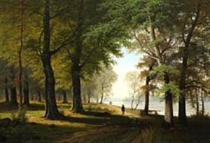 Forest Scape With People Strolling Along The Lakeside Forest Scape With People Strolling Along The Lakeside