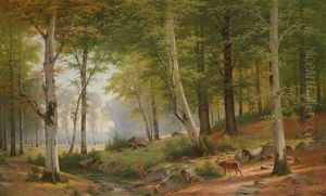 Romantic Landscape With Red Deer At The Stream"s Edge
