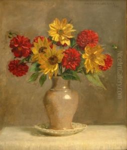 Floral Still Life With Sunflower And Red Dahlias In A Vase