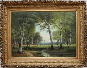 Waldinneres Mit Angelndem Jungen Am Flusslauf Waldinneres Mit Angelndem Jungen Am Flusslauf