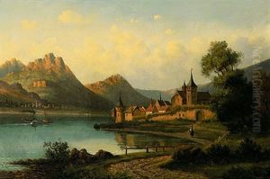 Romantische Rheinlandschaft Mit Raddampfer by Jacobus Johannes Van Poorten