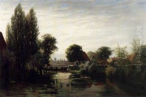 Niederlandisches Dorf Am Wasser - Sommerstimmung Mit Wascherin An Einer Brucke thumbnail