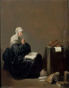 An Old Woman At Prayer With Vanitas Objects Nearby