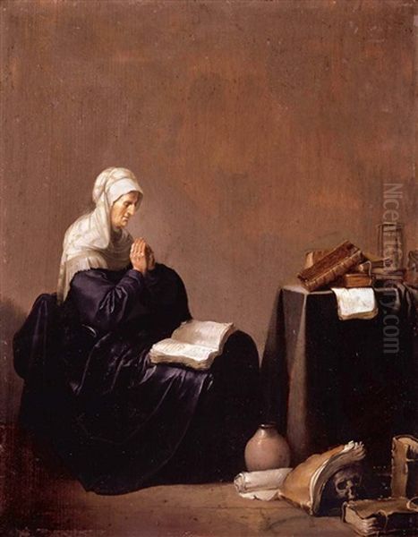 Interior With A Woman Praying At A Table, With Books An Hour Glass And Other Objects - view 1