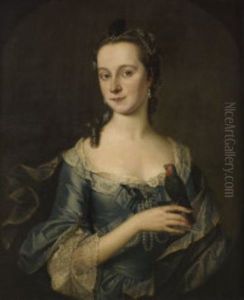 Portrait Of A Lady (the Wife Of Sir Robert Travers?) In A Blue, Lace-edged Dress, With A Parakeet Perched On Her Finger
