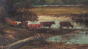 Hudson River/white Mountain Landscape With Cattle Crossing River With Mountains In The Distance