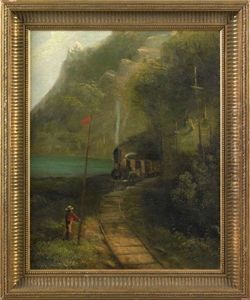 Hudson River Landscape With Train And Figure by Thomas Benjamin Pope