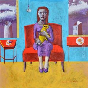 Girl With Yellow Cat, Portrait De Femme Au Bouquet De Fleurs, Born Strange, Collection Of (30) Works 933 Works) by Konstantin Popov
