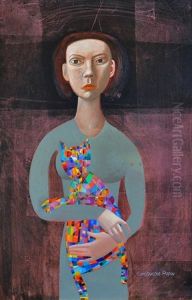 Woman With Multi Coloured Cat by Konstantin Popov