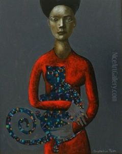 Girl With A Blue Cat by Konstantin Popov