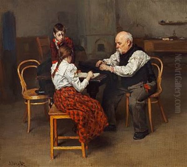 Grandfather Helping The Grandchildren With Their Homework - view 1