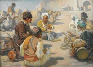 Orientalische Szene. Ein Schlangenbeschworer, Beduinen In Seinen Bann Ziehend