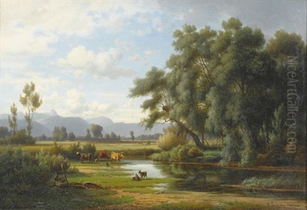 Idyllische Auenlandschaft Bei Traunstein Mit Vieh - view 1