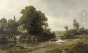 Bauerin Mit Rindern Bei Der Tranke An Einem Fluss by Rudolf (Heinrich Albert) Poeppel