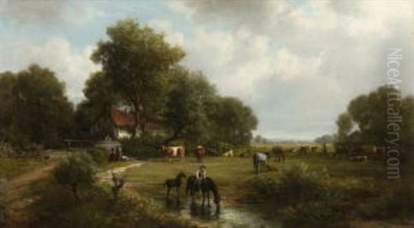 Landschaft Mit Hirten, Kuhen Und Pferden Auf Der Weide Bei Einem Bauernhaus - view 1