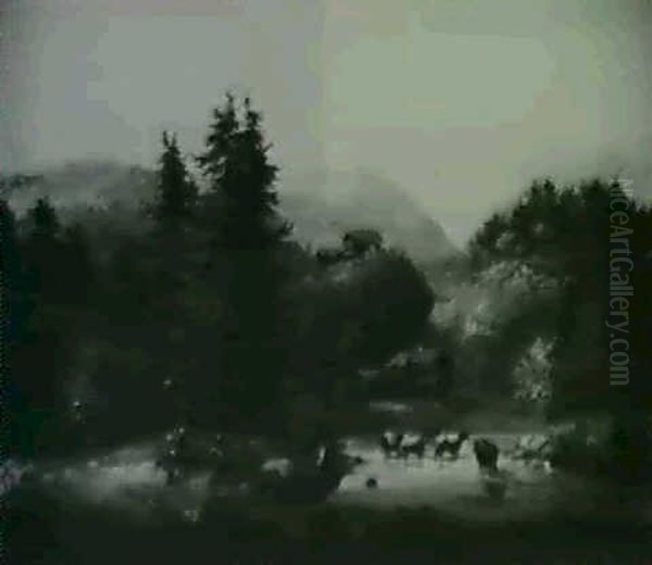 Figures And Cows In An Alpine Landscape - view 1