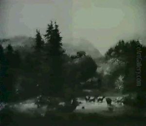 Figures And Cows In An Alpine Landscape by Rudolf (Heinrich Albert) Poeppel