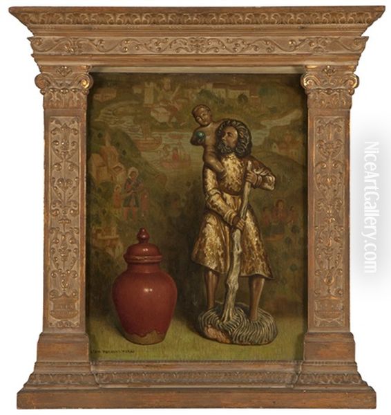 Saint Christopher, Ginger Pot And Statue Before A Tapestry - view 1