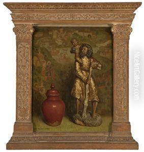 Saint Christopher, Ginger Pot And Statue Before A Tapestry