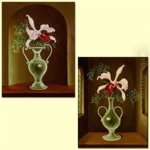 Orchid Blossom In Venetian Glass Vase (+ Another, Similar; Pair) by Stanilaus Poray