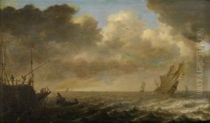 Ships In A Stormy Estuary by Jan Porcellis