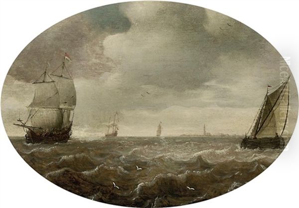 Shipping In Choppy Water, A Town In The Distance - view 1