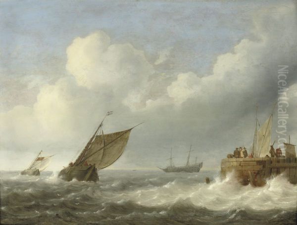 Sailing Vessels In Choppy Waters With Figures On A Quay Nearby - view 1