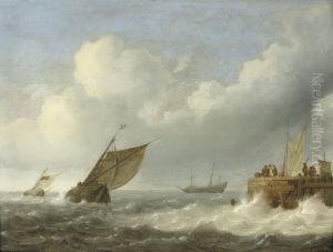 Sailing Vessels In Choppy Waters With Figures On A Quay Nearby by Jan Porcellis