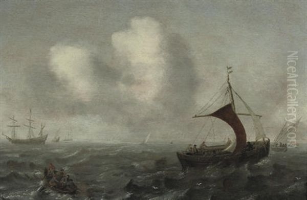 A Wijdschip, A Rowing Boat And Other Shipping In Rough Waters - view 1