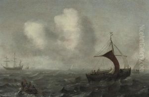 A Wijdschip, A Rowing Boat And Other Shipping In Rough Waters by Jan Porcellis