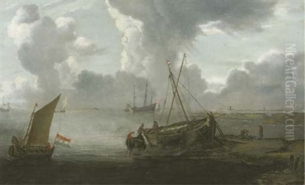 An Estuary With A Moored Fishing Smack And Fishermen In A Rowing Boat Nearby, A Three-master At Anchor Beyond - view 1