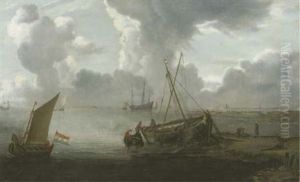 An Estuary With A Moored Fishing Smack And Fishermen In A Rowing Boat Nearby, A Three-master At Anchor Beyond by Jan Porcellis