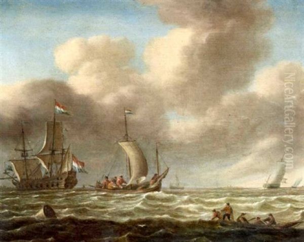 A Dutch Man O'war And Other Vessels In Choppy Waters - view 1