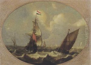 A Dutch Man-of-war And Other Ships In Choppy Waters by Jan Porcellis