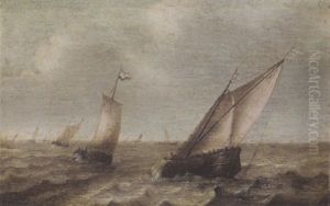 A Boeier And Other Sailing Vessels At Sea by Jan Porcellis