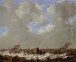 A Seascape With Fishermen In A Rowboat And Other Sailing Vessels In A Choppy Sea, A Rainbow On The Horizon by Jan Porcellis