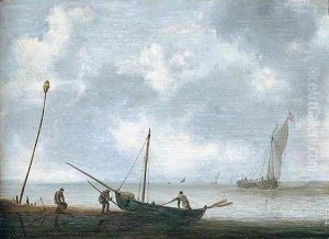 A Coastal Scene, With A Fishing Pink Hauled Up On The Beach, And A Small Sailing Vessel Running Before The Breeze Offshore