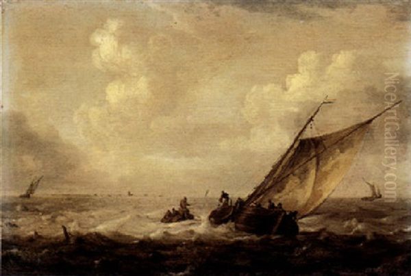 Figures In A Fishing Boat And A Smalschip On Choppy Seas - view 1