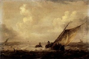 Figures In A Fishing Boat And A Smalschip On Choppy Seas by Jan Porcellis